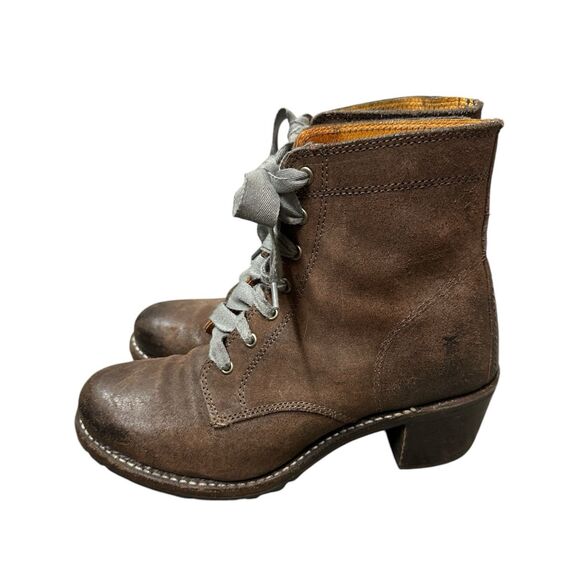 Frye Sabrina 9.5 brown oiled suede lace up 2" block heel ankle boots lug combat - Picture 3 of 10